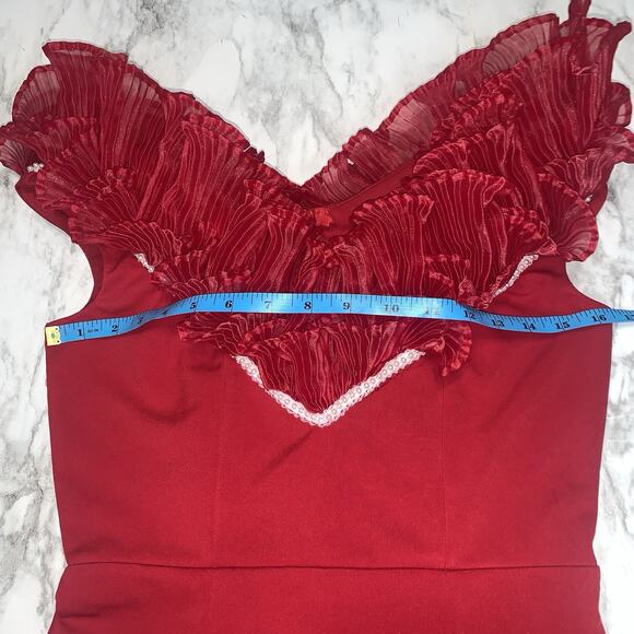 LAN Red Off Shoulder Ruffled Sleeveless Midi Slit Cocktail Evening Party Dress - Picture 6 of 10